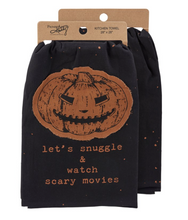 Load image into Gallery viewer, Let&#39;s Snuggle and Watch Scary Movies Tea Towel
